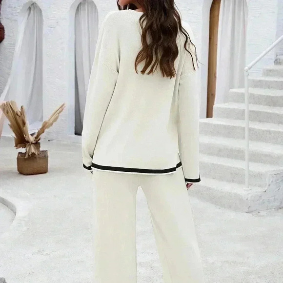 White Casual Women's Daily Color Block Sweater Set - Picture 2 of 8